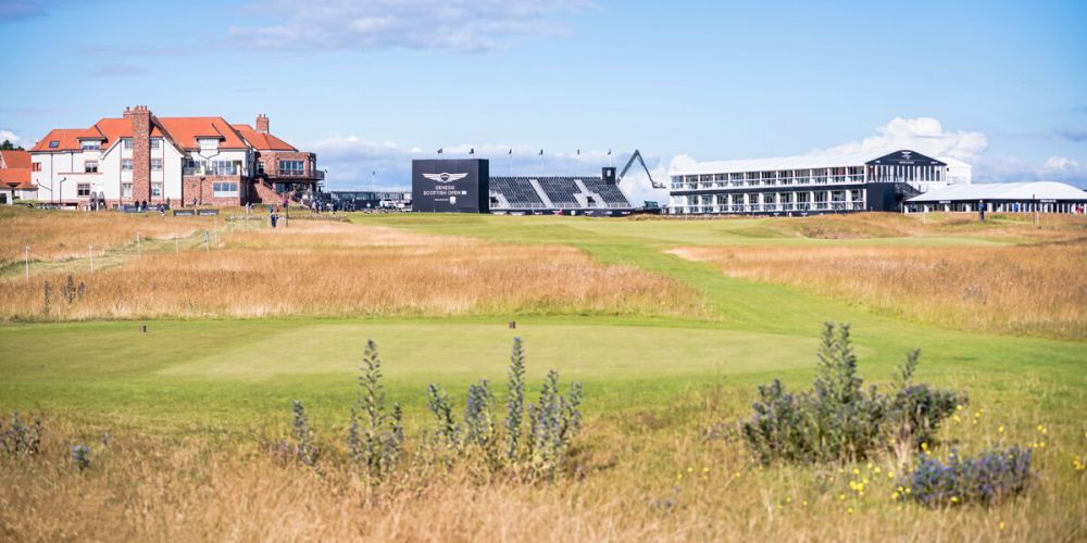 Scottish Open view of club house, media centre and 18th green